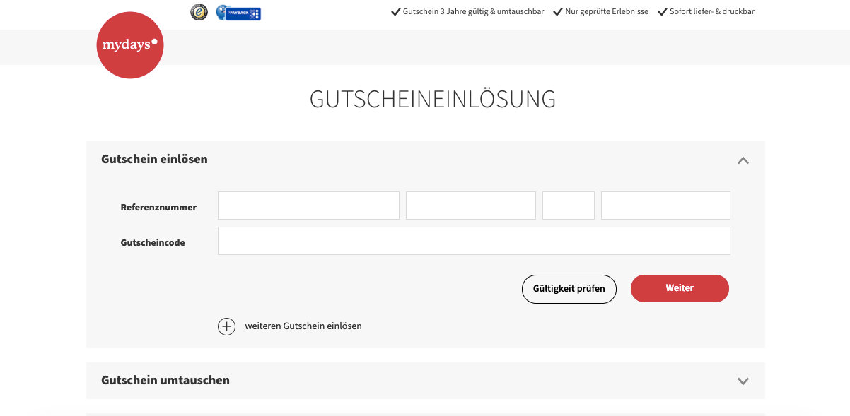 mydays Gutscheineingabe